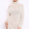 Clothing Rebellious Fashion | Beige Chunky Knit Roll Neck Cut Out Hem Jumper Dress - Catalina