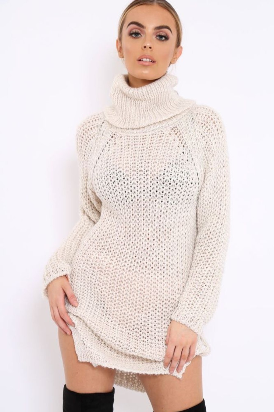 Clothing Rebellious Fashion | Beige Chunky Knit Roll Neck Cut Out Hem Jumper Dress - Catalina