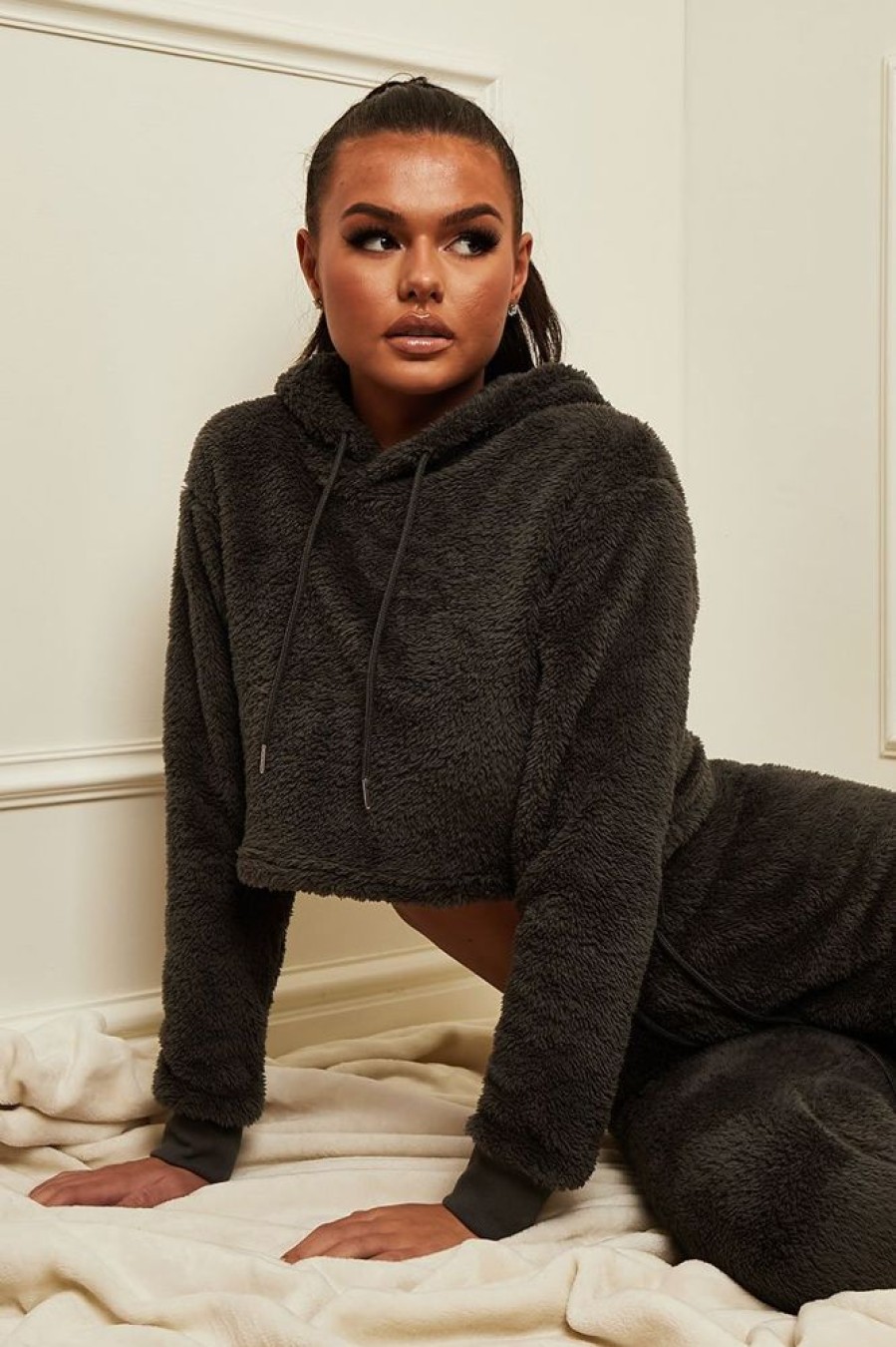 Clothing Rebellious Fashion | Grey Cropped Teddy Hoodie - Amyia