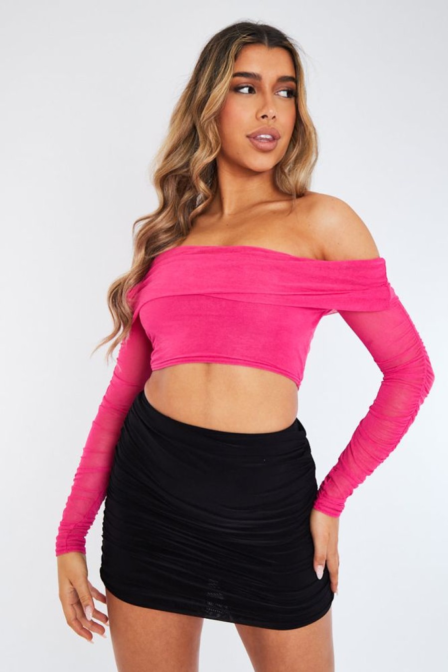 Clothing Rebellious Fashion | Hot Pink Mesh Bardot Crop Top - Cece