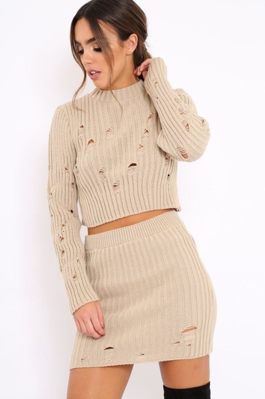 Clothing Rebellious Fashion | Beige Distressed Cable Knit Co-Ord - Dayla