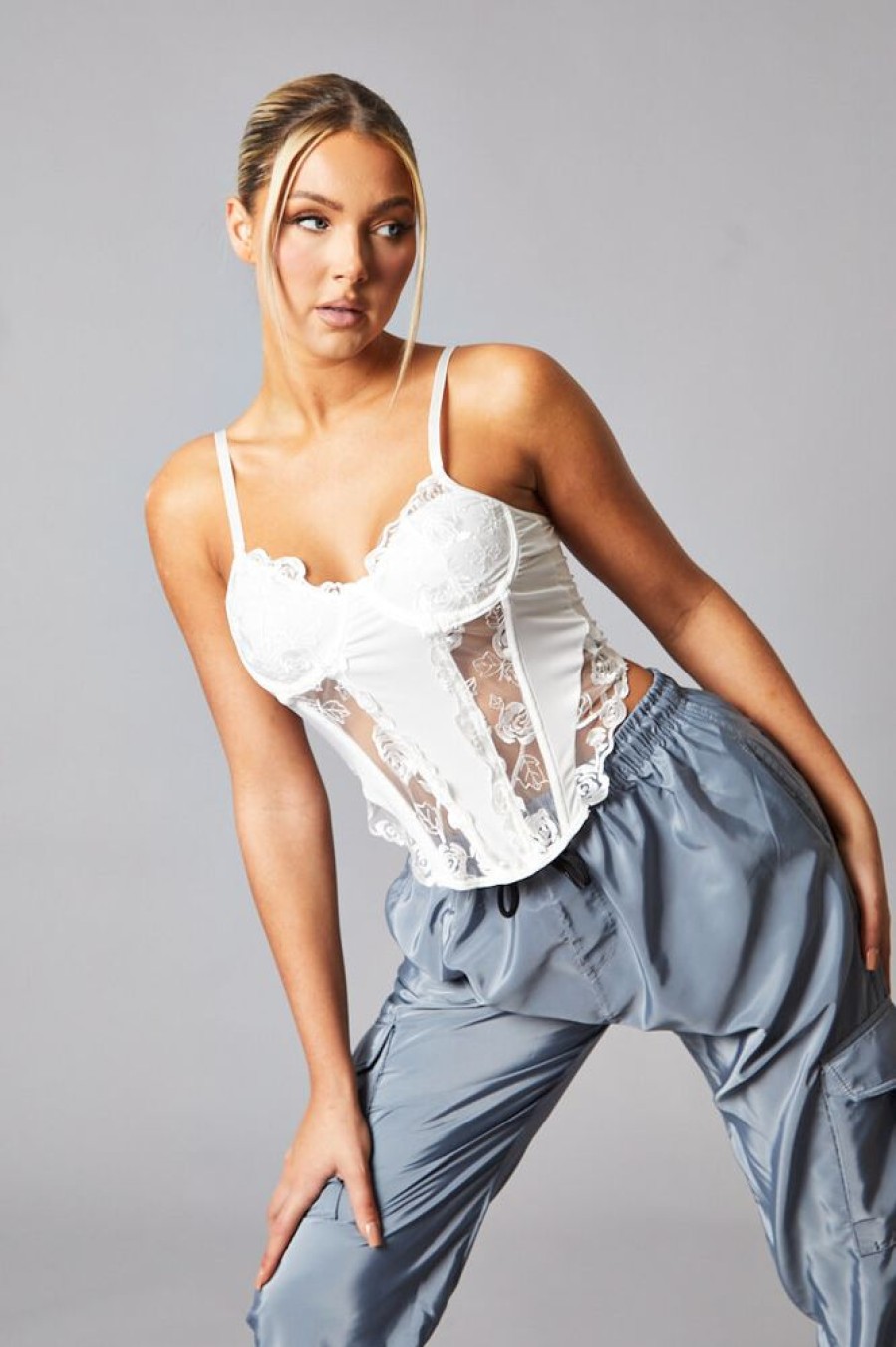 Clothing Rebellious Fashion | White Mesh Lace Floral Embroidered Corset Detail Top - Takara