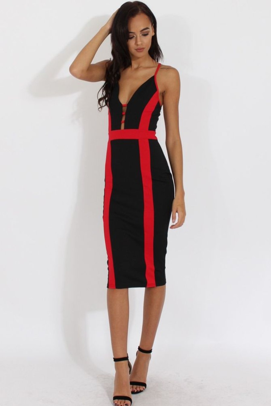 Clothing Rebellious Fashion | Black & Red Panelled Midi Dress - Unity