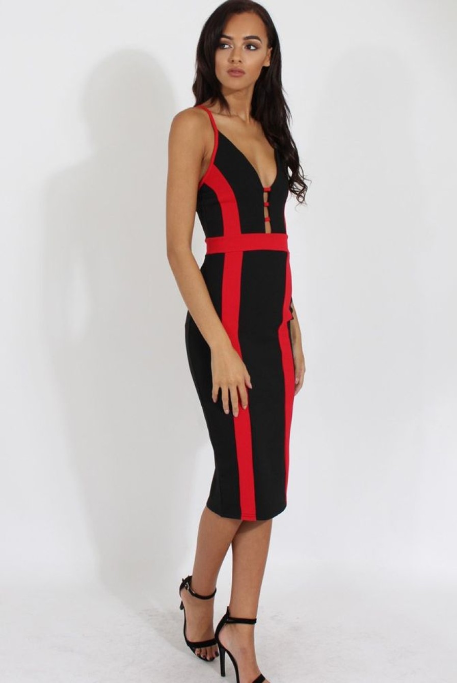 Clothing Rebellious Fashion | Black & Red Panelled Midi Dress - Unity