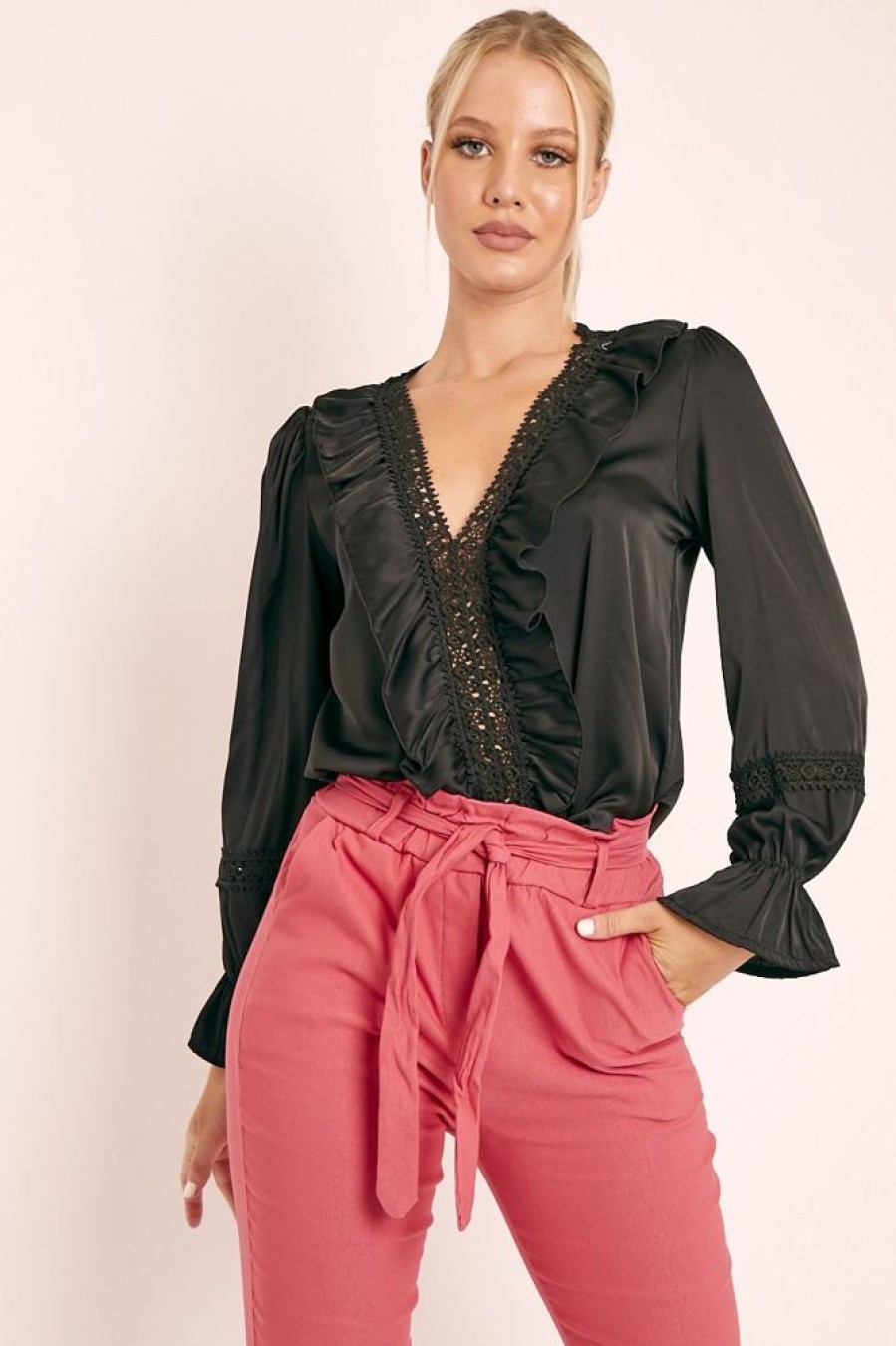 Clothing Rebellious Fashion | Black Plunge Lace Neckline Blouse - Harleigh