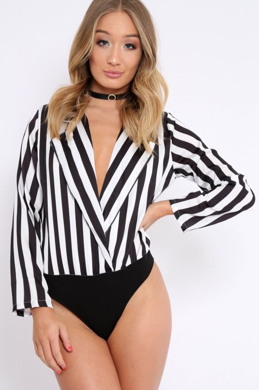 Clothing Rebellious Fashion | Black & White Striped Open Collar Bodysuit - Torie