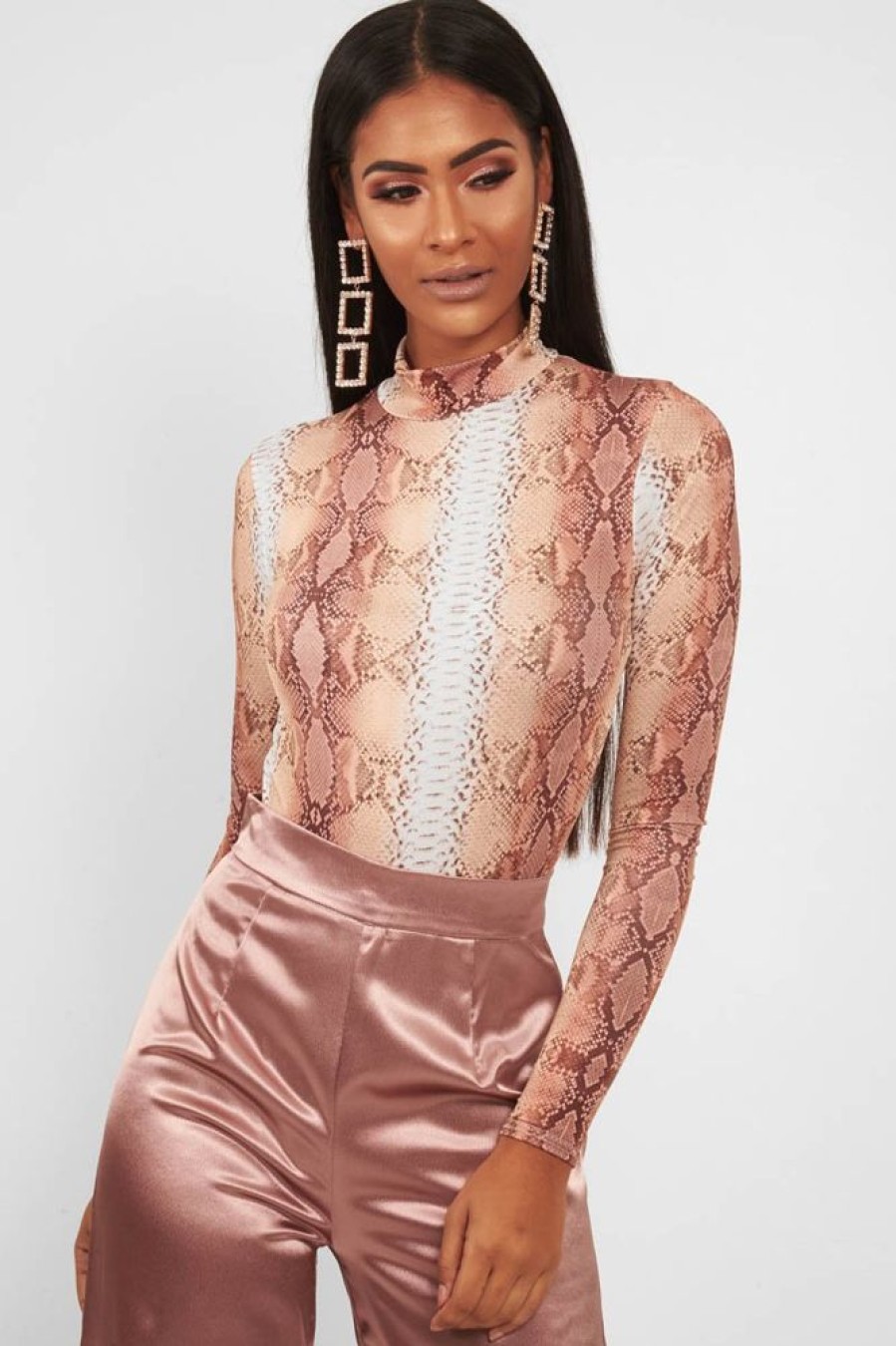 Clothing Rebellious Fashion | Beige Snake Print Slinky High Neck Bodysuit - Abira