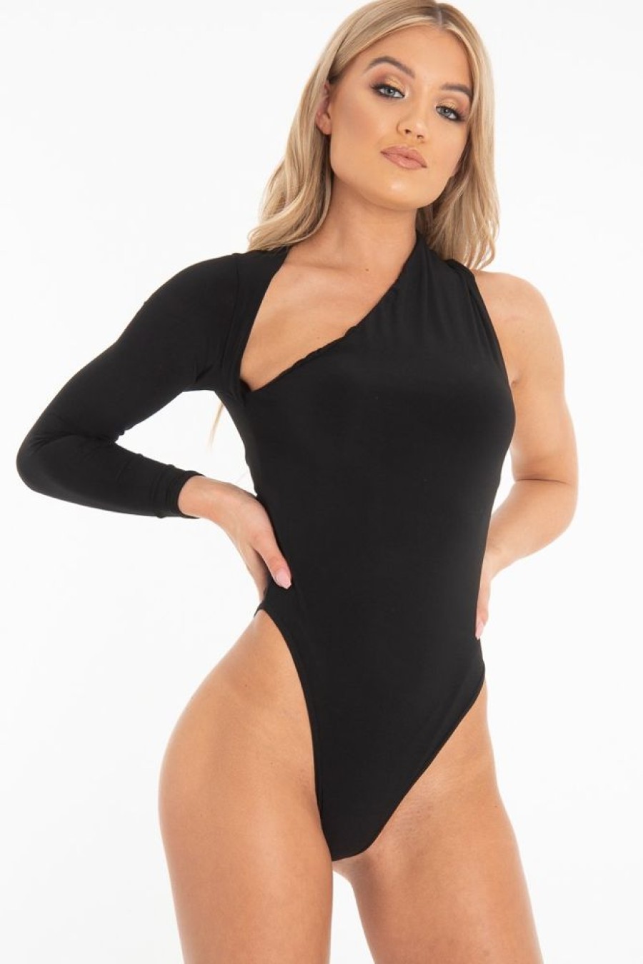 Clothing Rebellious Fashion | Black One Sleeve Slit Detail Slinky Bodysuit - Kassi