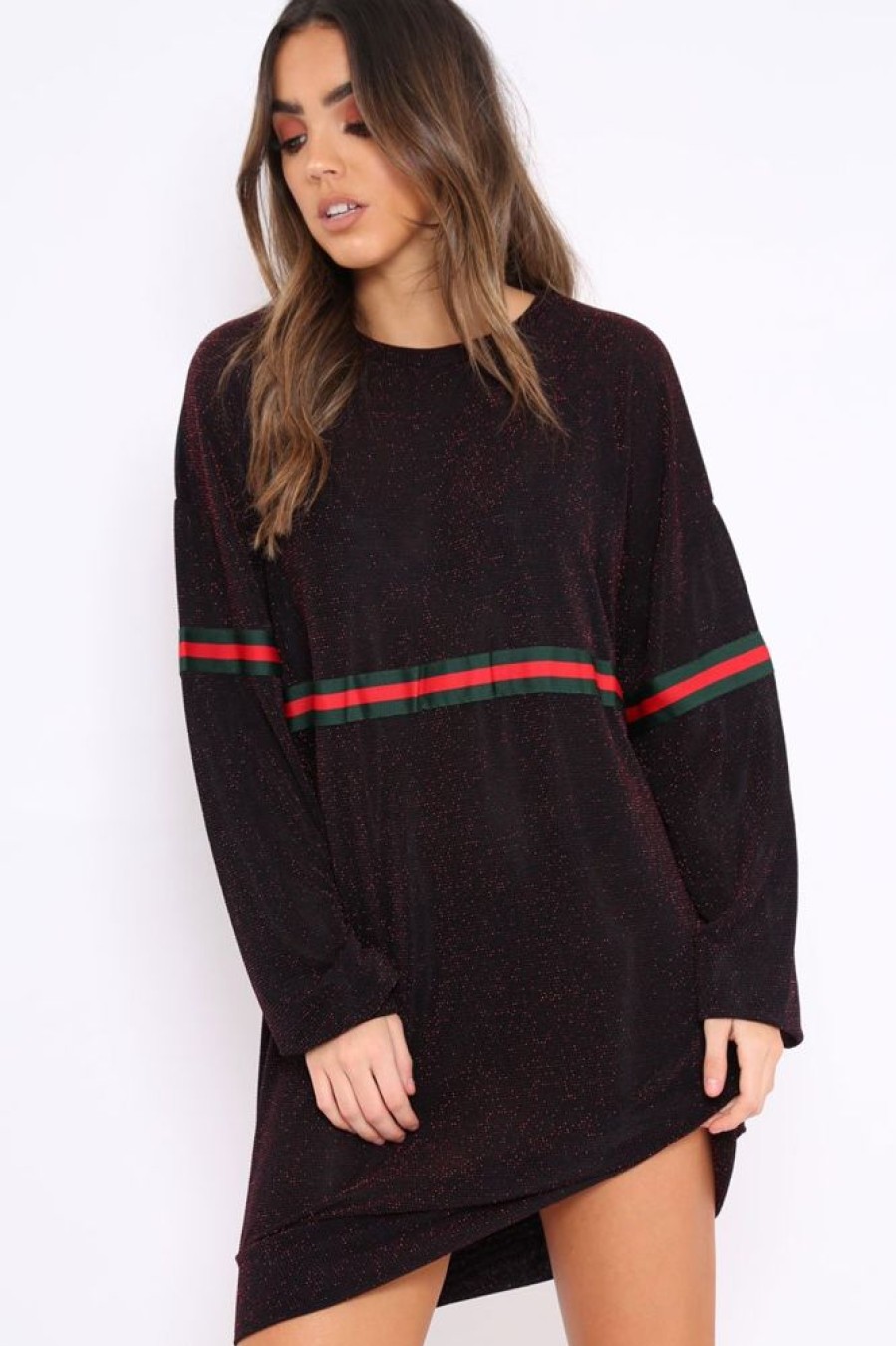 Clothing Rebellious Fashion | Red Glitter Stripe Jumper Dress - Finley