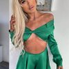 Clothing Rebellious Fashion | Green Satin Flared High Waisted Shorts - Meral