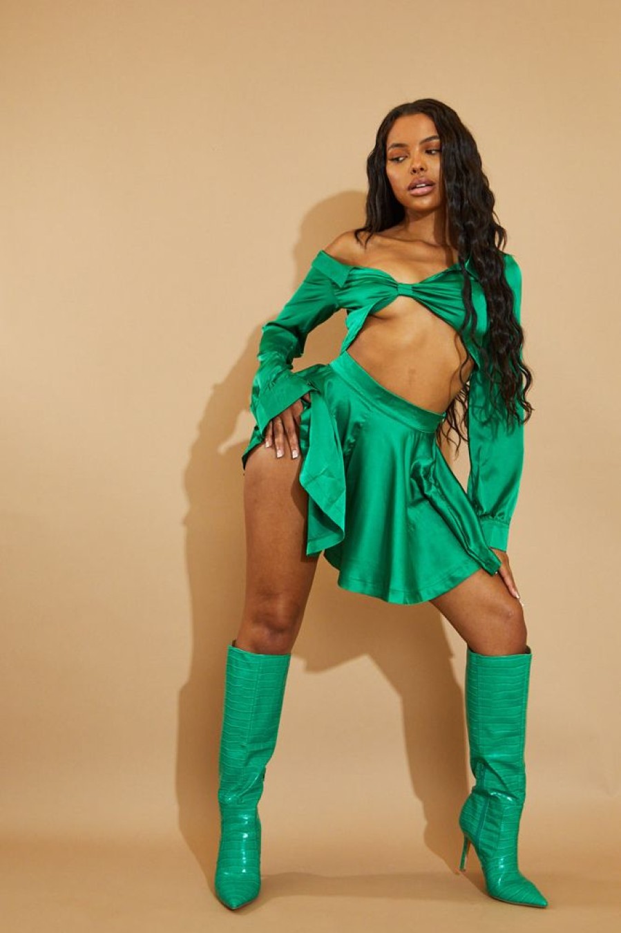 Clothing Rebellious Fashion | Green Satin Flared High Waisted Shorts - Meral