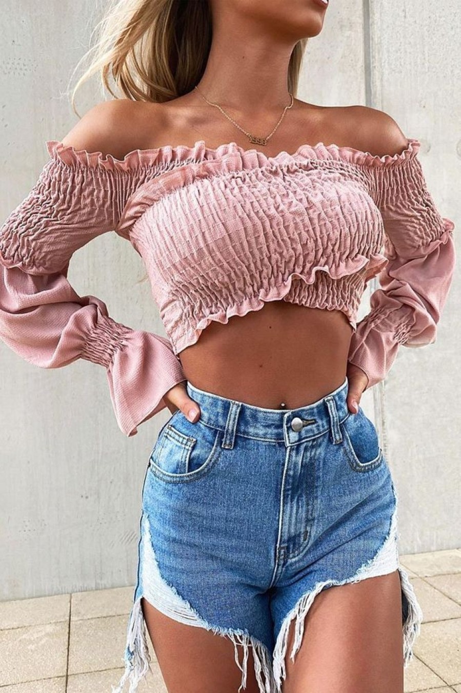 Clothing Rebellious Fashion | Pink Shirred Wrap Over Bardot Crop Top - Zuri