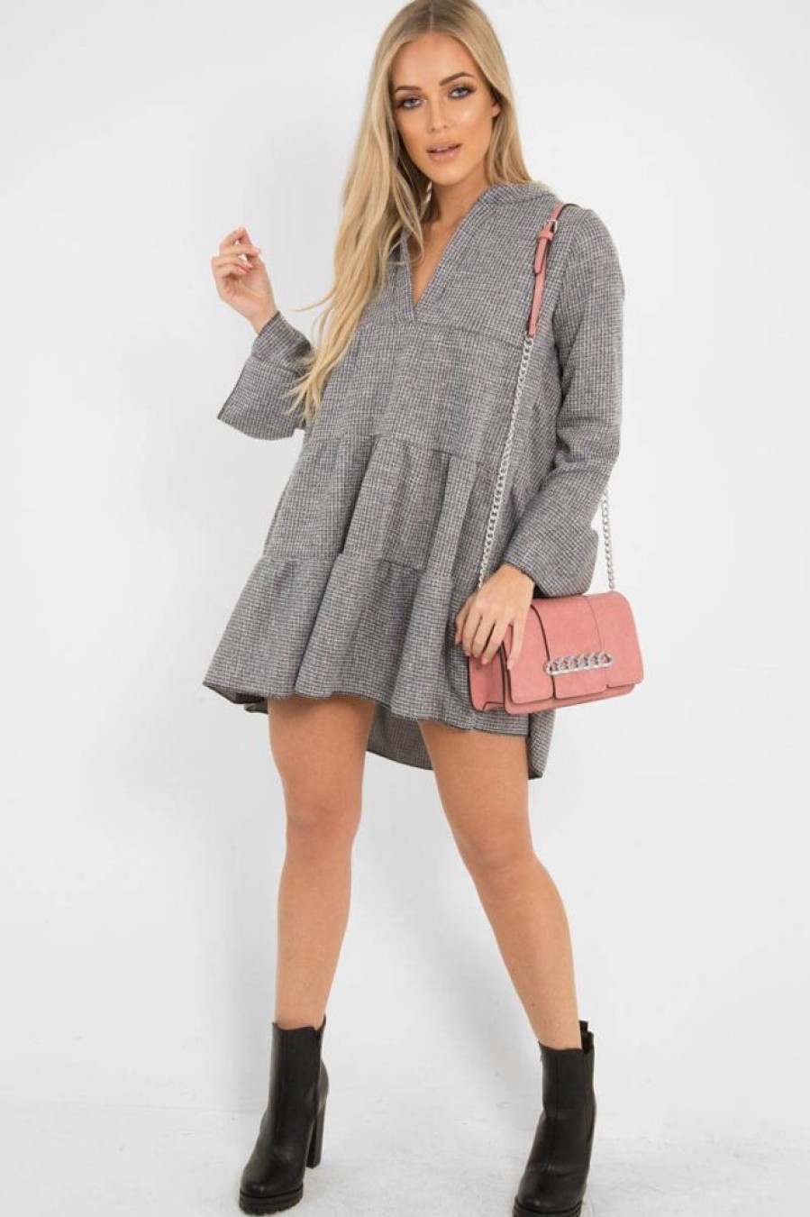 Clothing Rebellious Fashion | Grey Knit Plunge Flute Sleeve Shift Dress - Halsey