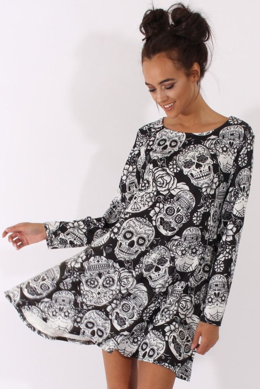 Clothing Rebellious Fashion | Black & White Halloween Sugar Skull Swing Dress - Calavera