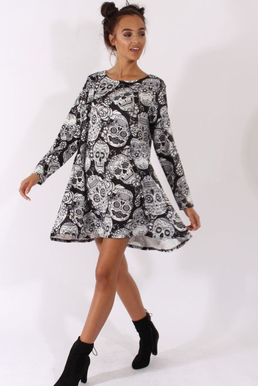 Clothing Rebellious Fashion | Black & White Halloween Sugar Skull Swing Dress - Calavera