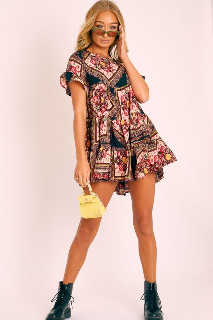 Clothing Rebellious Fashion | Multi Scarf Print Tiered Smock Dress - Natilea