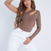 Clothing Rebellious Fashion | Mocha Slinky Cut Out One Sleeve Bodysuit - Debby