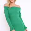 Clothing Rebellious Fashion | Green Ribbed Ruffle Long Sleeve Bardot Dress - Madison