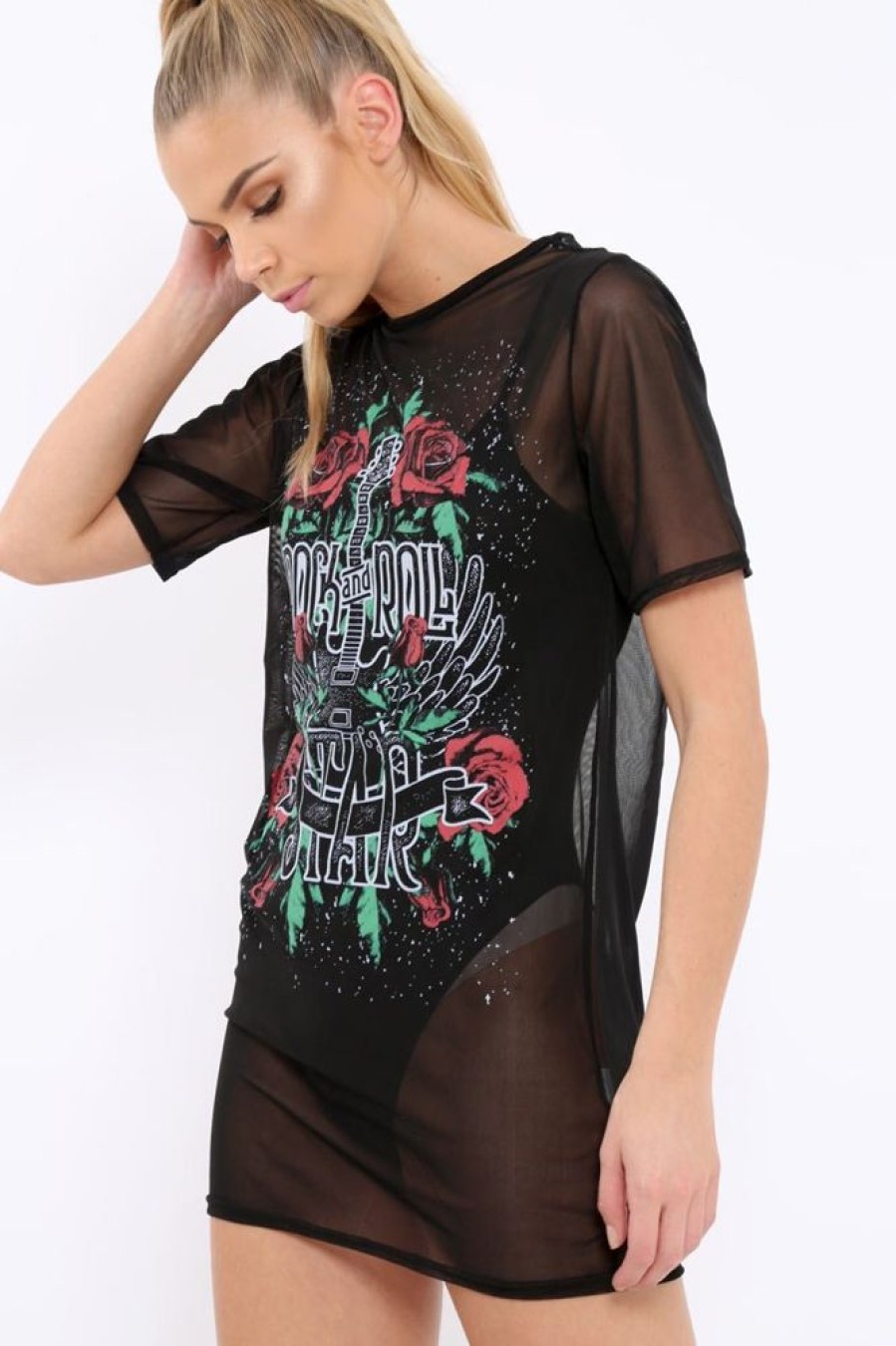 Clothing Rebellious Fashion | Black Mesh 'Rock & Roll Star' Graphic T-Shirt Dress - Margot