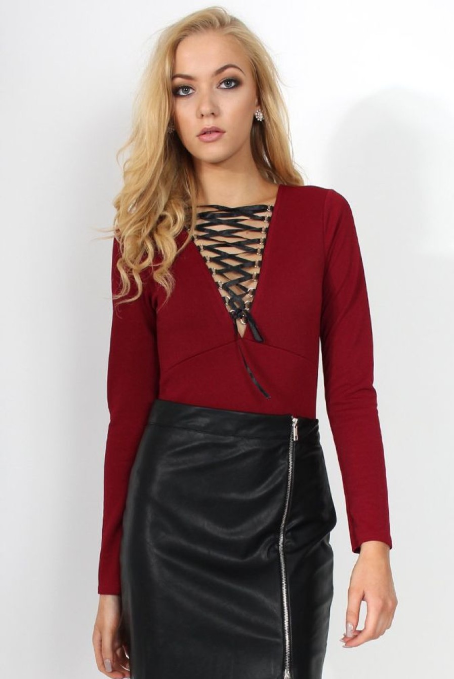 Clothing Rebellious Fashion | Cheryl Wine Tie Up Long Sleeved Bodysuit