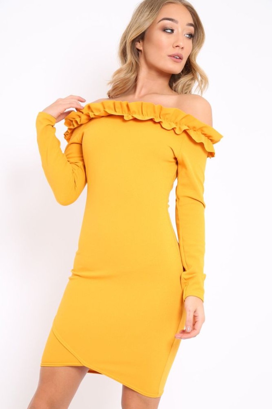 Clothing Rebellious Fashion | Mustard Ruffle Bardot Bodycon Dress - Alix