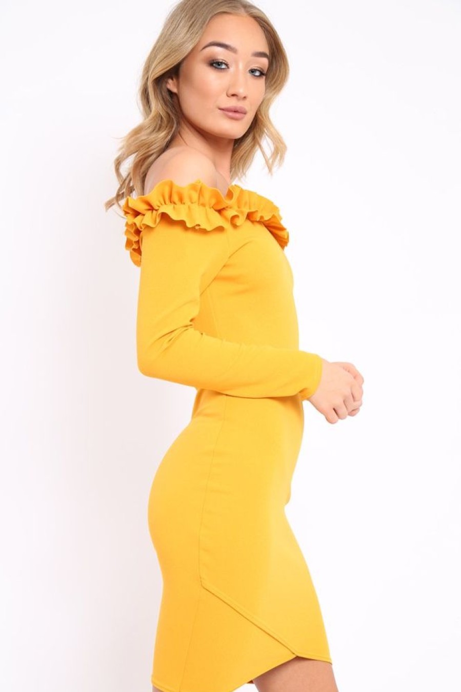 Clothing Rebellious Fashion | Mustard Ruffle Bardot Bodycon Dress - Alix