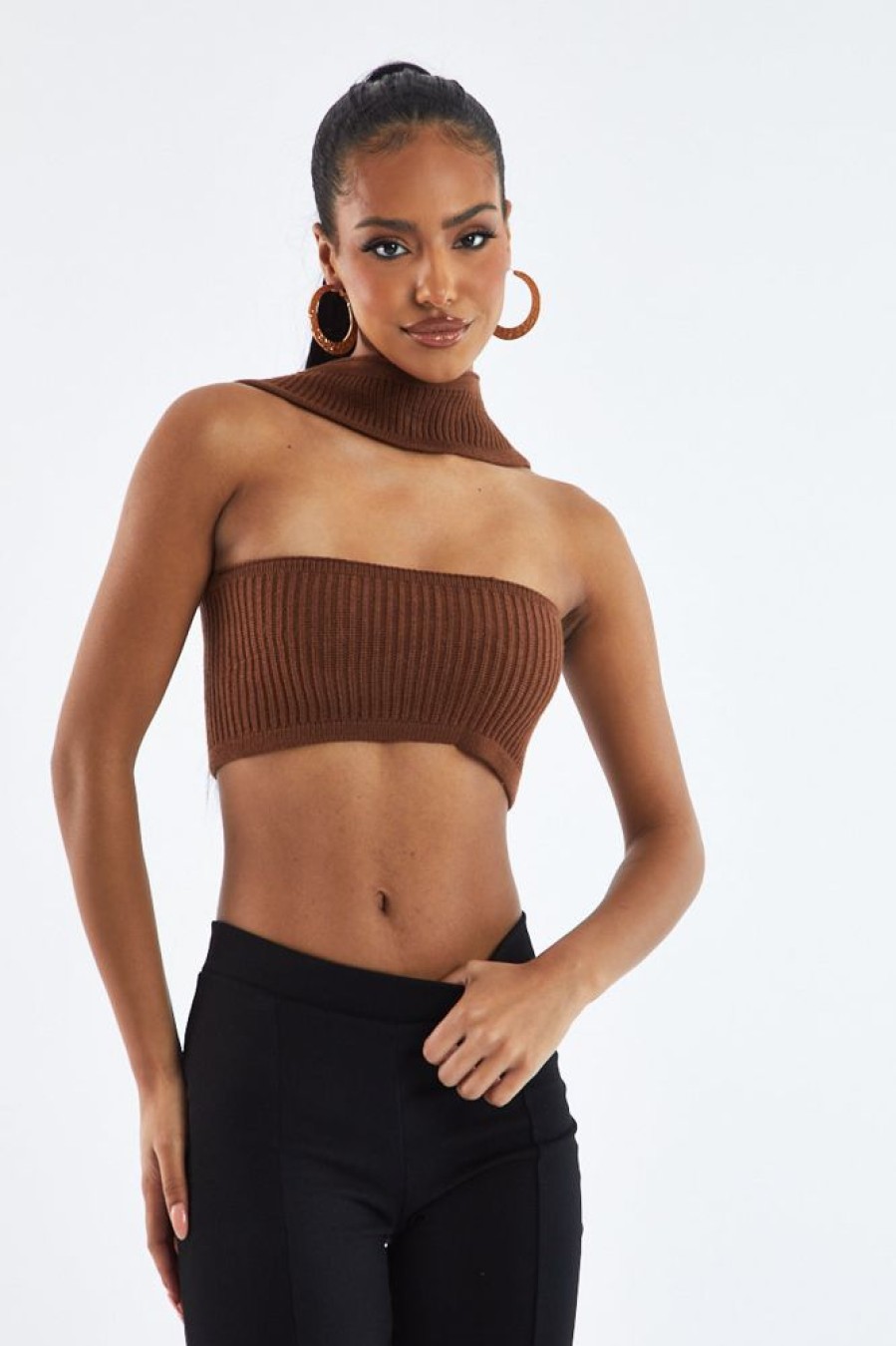 Clothing Rebellious Fashion | Brown Knit Choker Neck Cropped Top - Lia