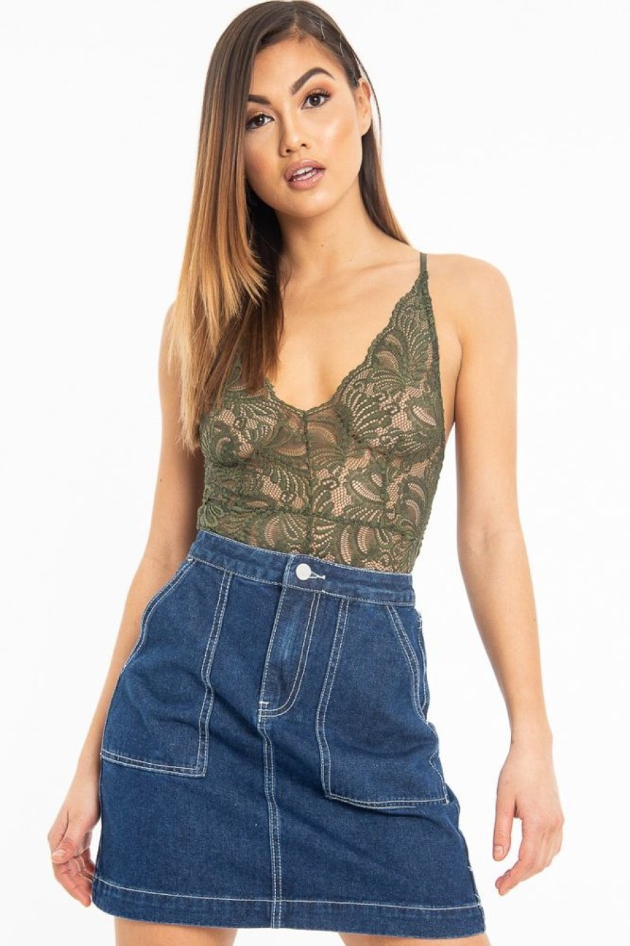 Clothing Rebellious Fashion | Khaki Lace Cross Back Bodysuit - Brogan