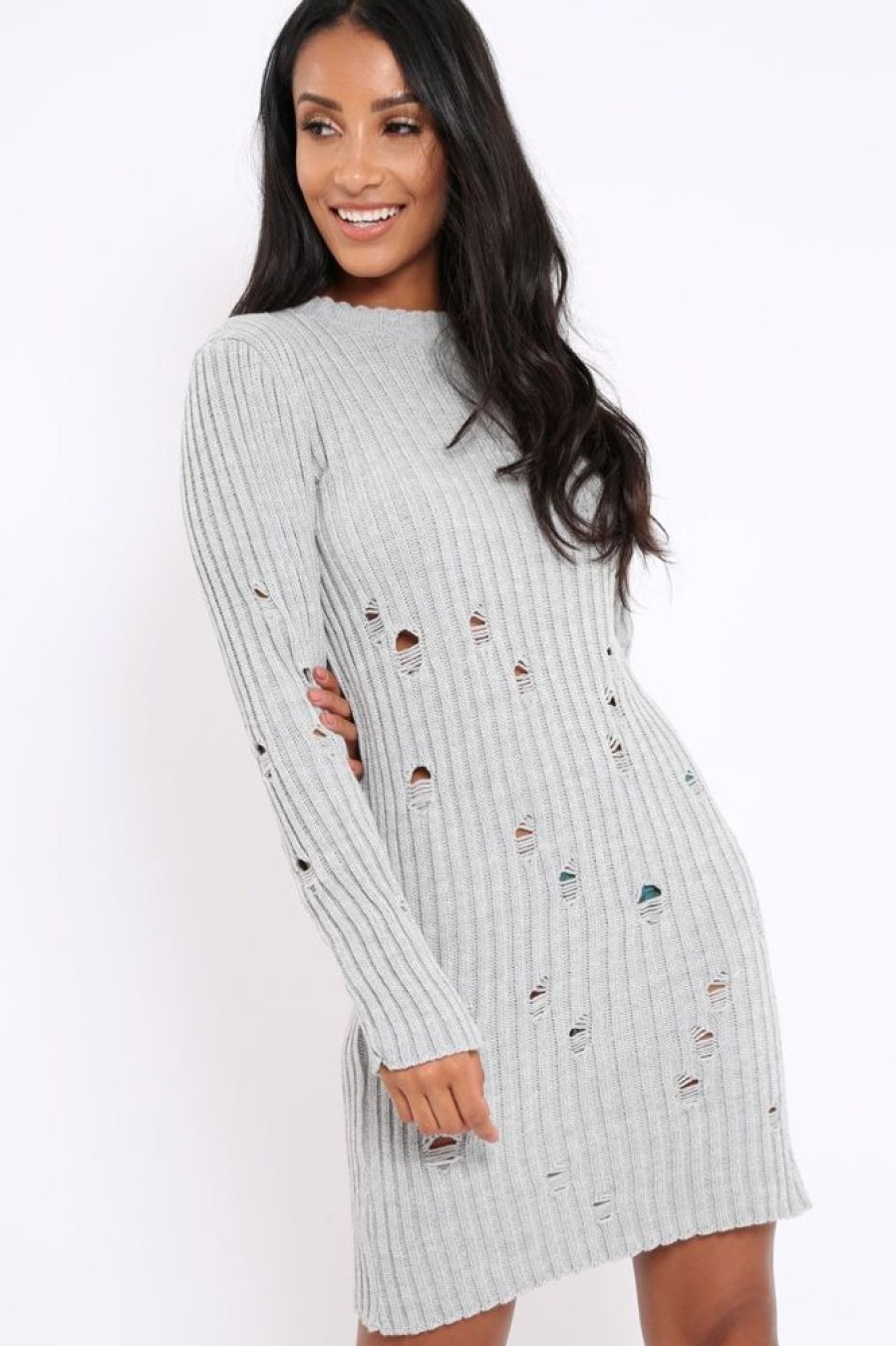 Clothing Rebellious Fashion | Grey Knit Distressed Jumper Dress - Cheryl