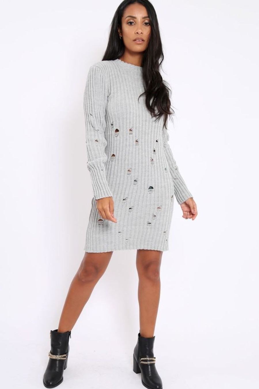 Clothing Rebellious Fashion | Grey Knit Distressed Jumper Dress - Cheryl