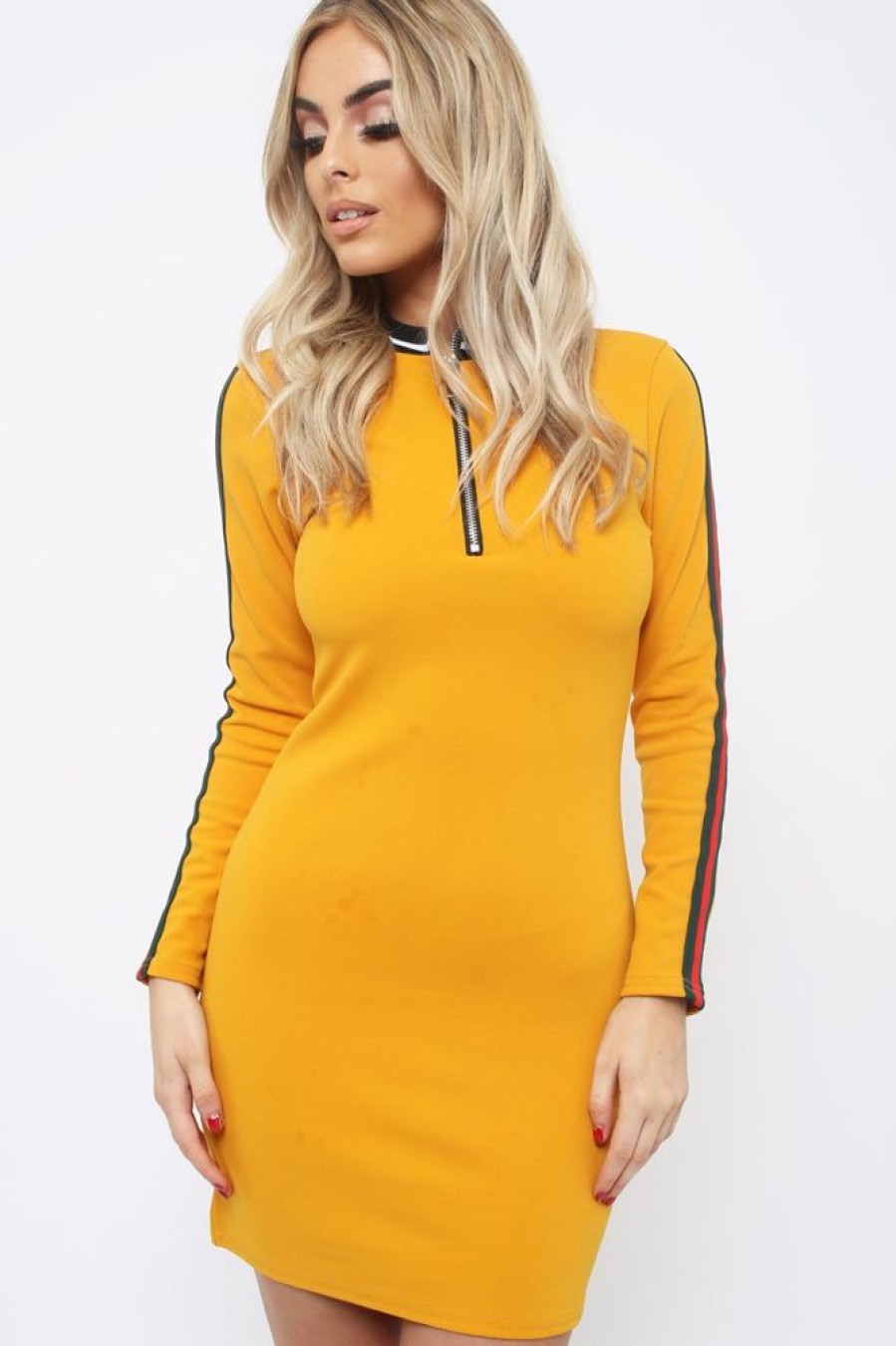 Clothing Rebellious Fashion | Mustard Bodycon Dress With Stripe Detail - Bryonna