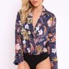 Clothing Rebellious Fashion | Navy Floral Plunge Satin Bodysuit - Rebeka