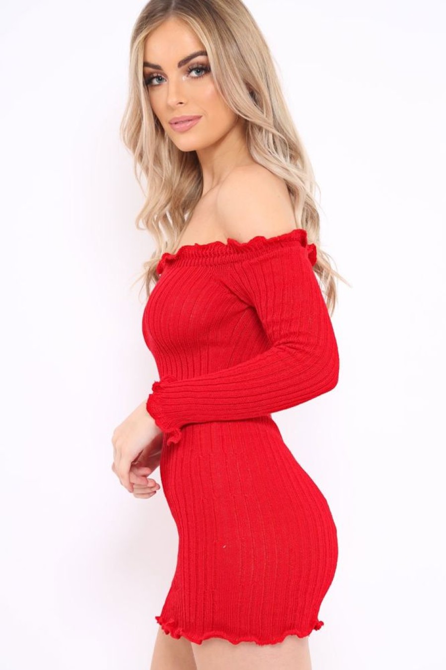 Clothing Rebellious Fashion | Red Knitted Bardot Frill Dress - Leisha