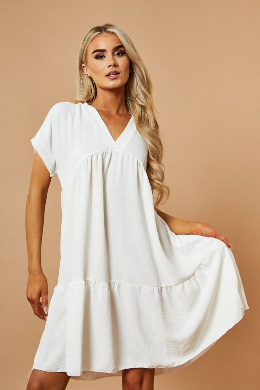 Clothing Rebellious Fashion | White V-Neck Tiered Frill Mini Dress - Kate