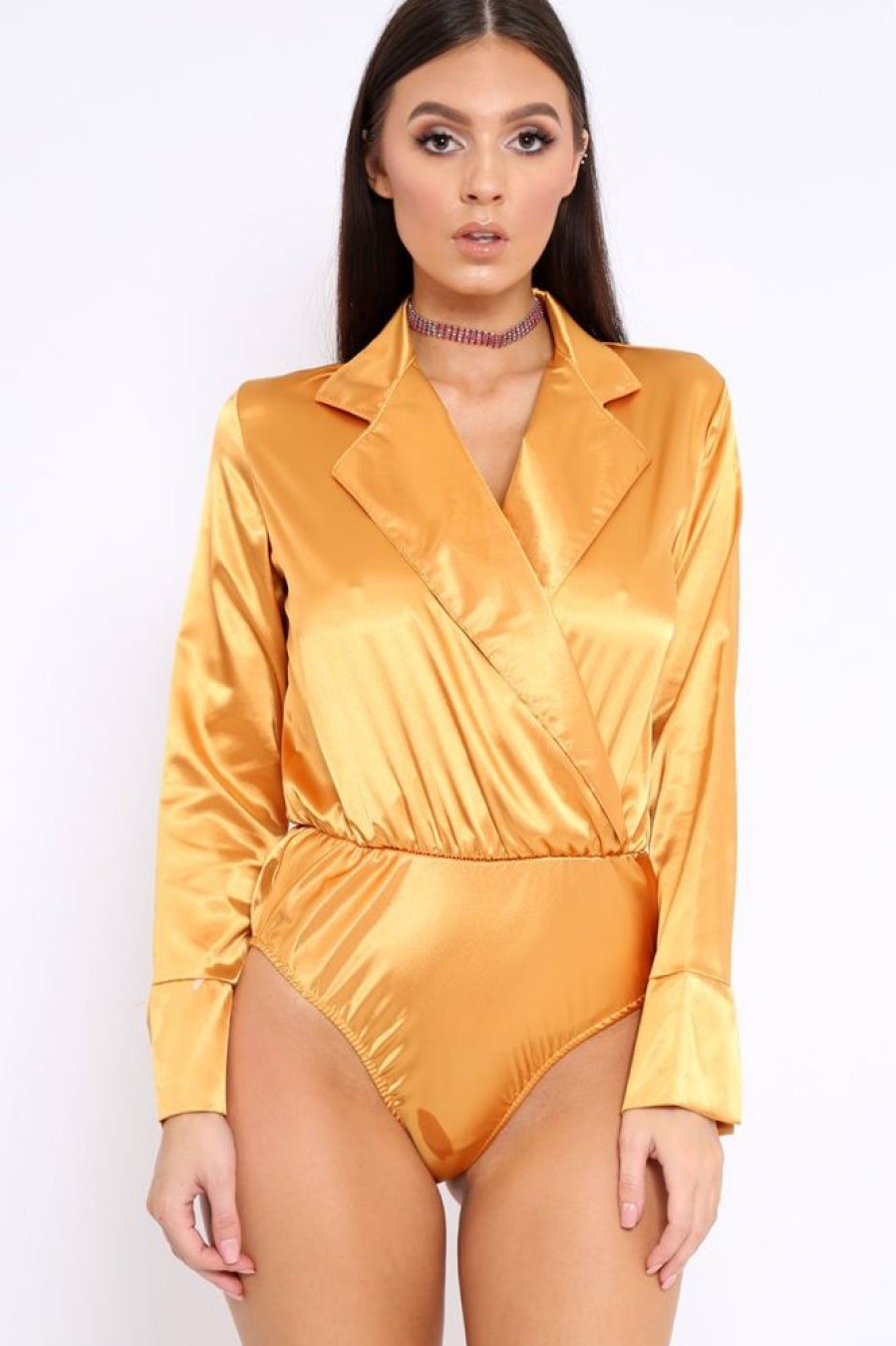 Clothing Rebellious Fashion | Mustard Plunge Satin Bodysuit - Rebeka