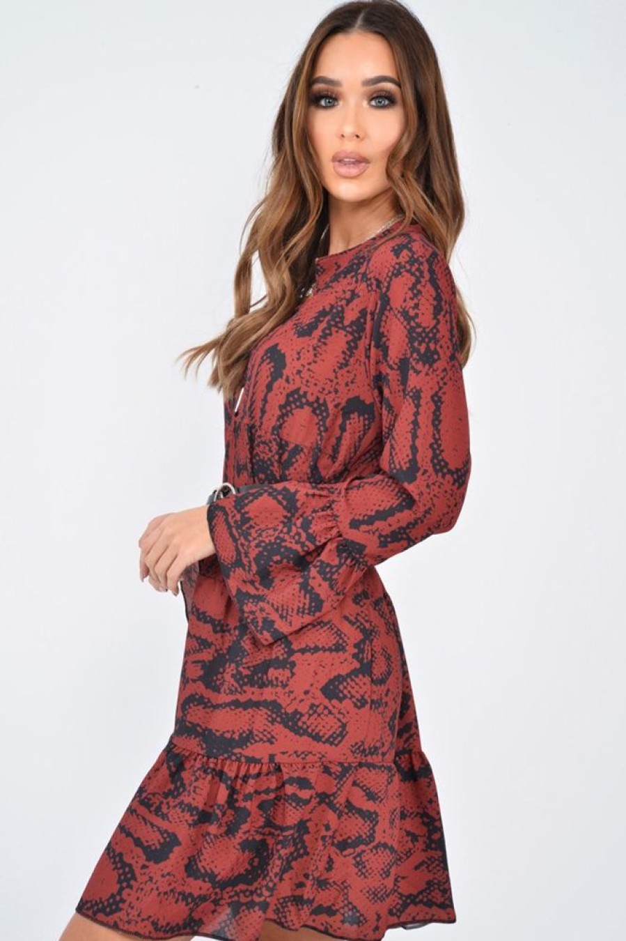 Clothing Rebellious Fashion | Wine Snake Print Plunge Flute Sleeve Shift Dress - Olesya