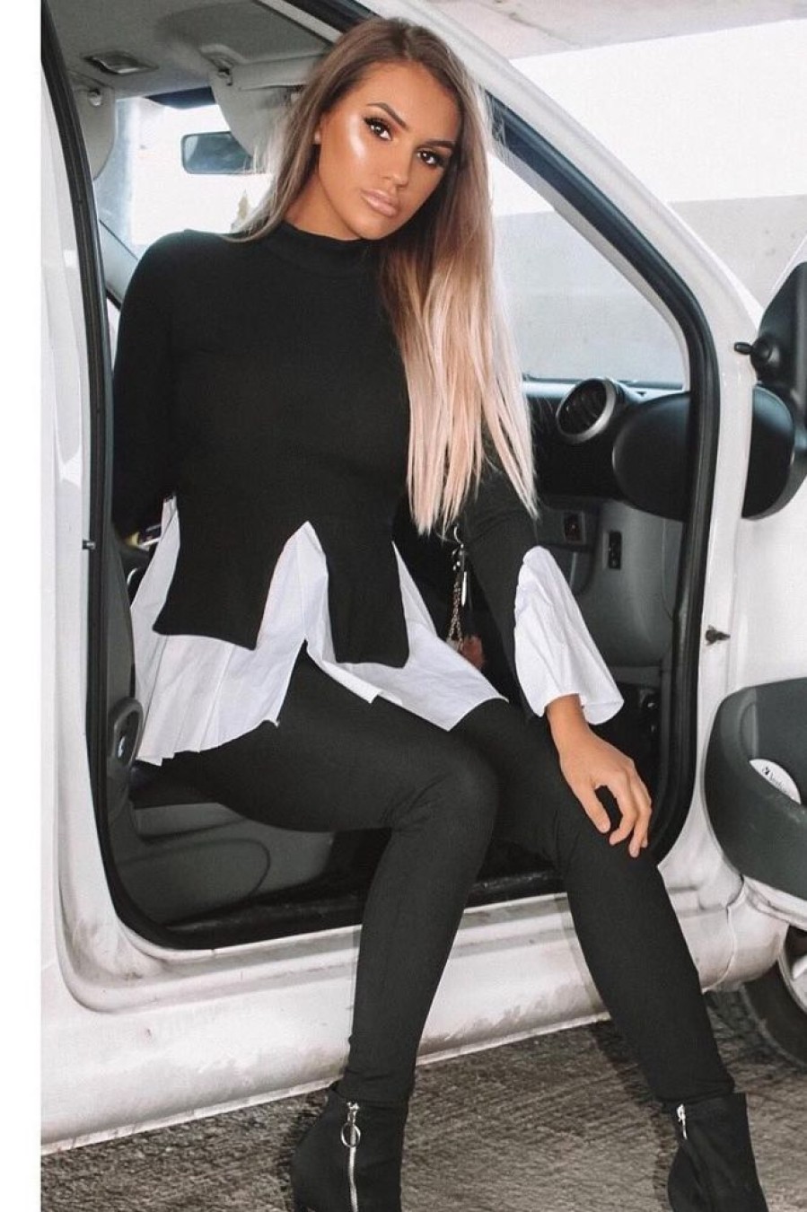 Clothing Rebellious Fashion | Black Ribbed Flared Shirt And Leggings Co-Ord - Aafiya