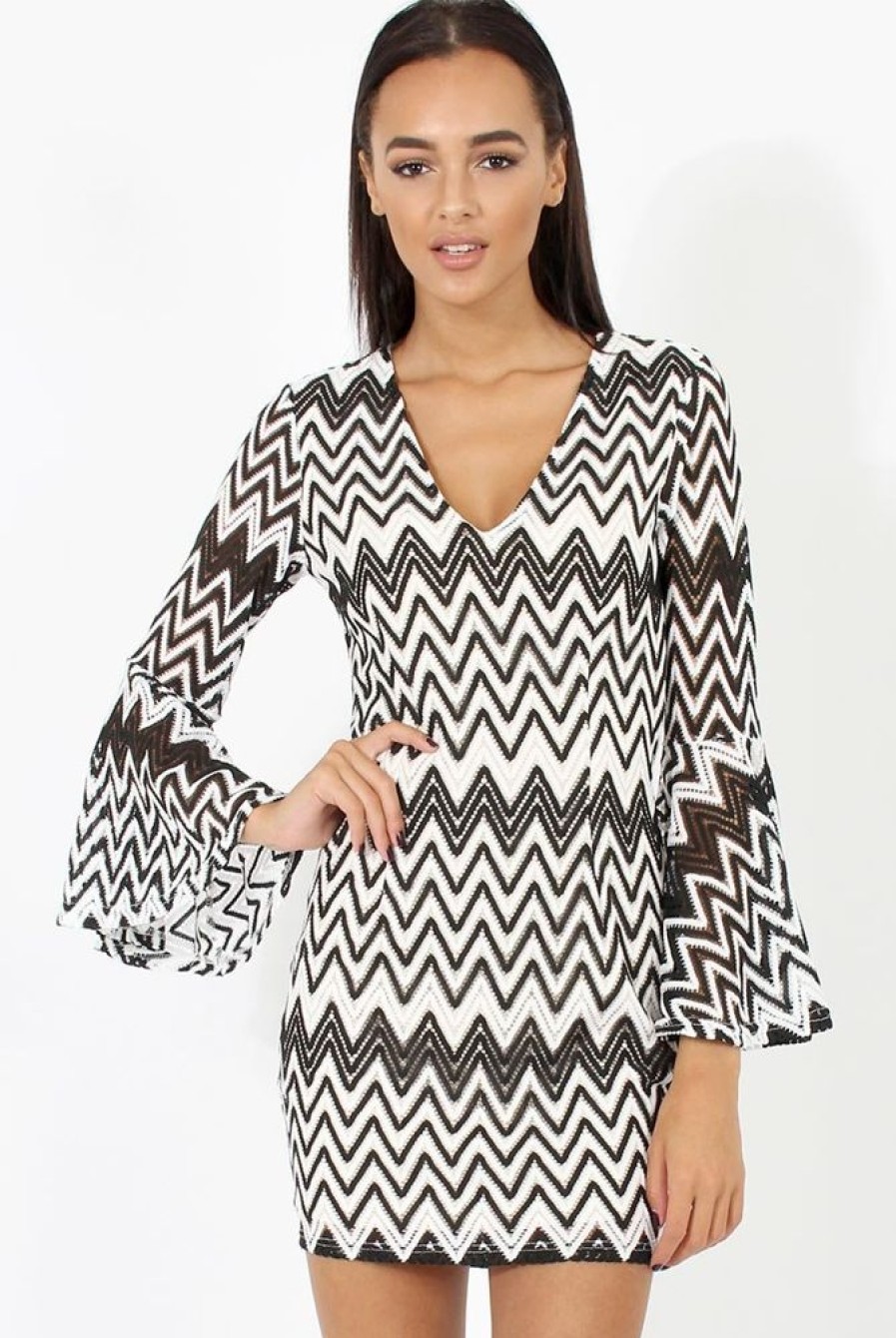 Clothing Rebellious Fashion | Black & White Crochet Flare Sleeve Dress - Kady