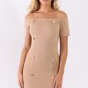 Clothing Rebellious Fashion | Camel Bardot Bodycon Button Detail Dress - Wallis