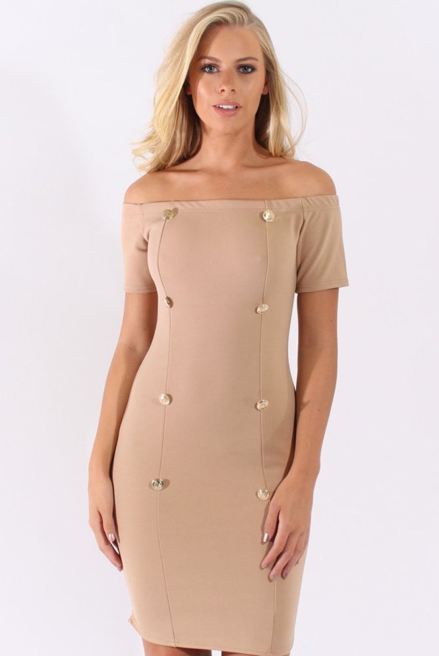 Clothing Rebellious Fashion | Camel Bardot Bodycon Button Detail Dress - Wallis