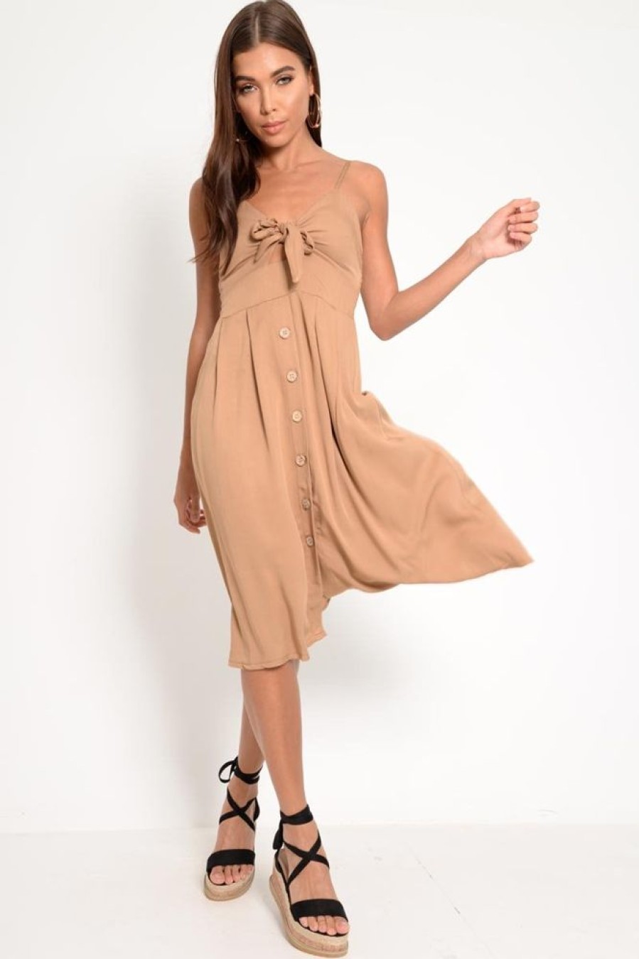 Clothing Rebellious Fashion | Camel Knot Front Button Dress - Kadia