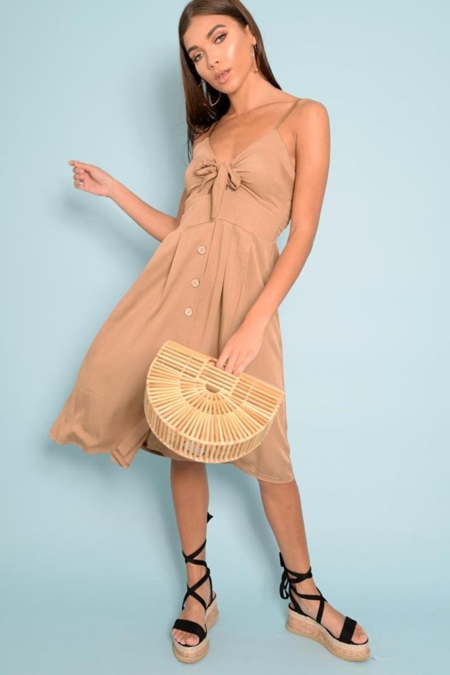 Clothing Rebellious Fashion | Camel Knot Front Button Dress - Kadia