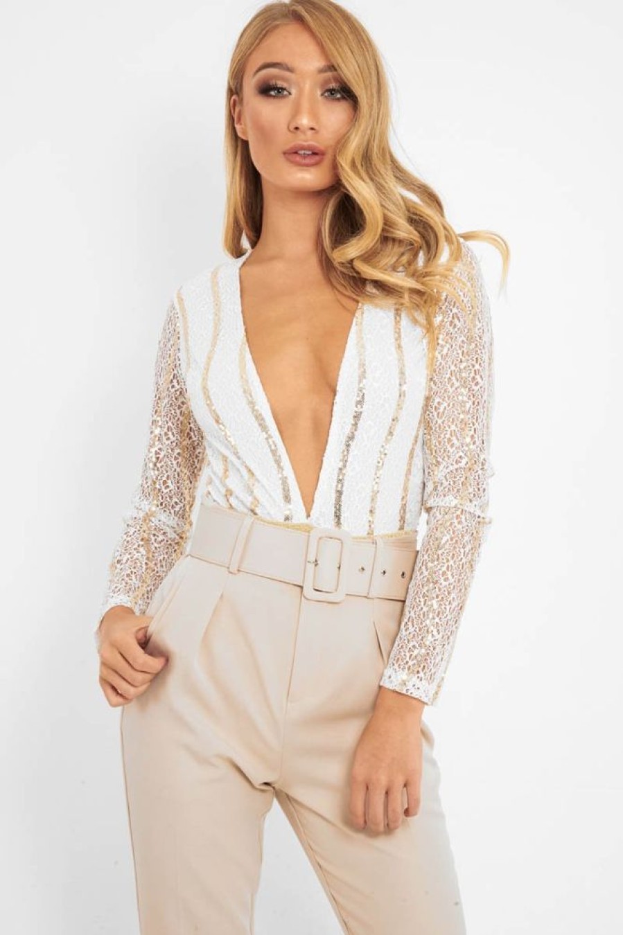 Clothing Rebellious Fashion | White Gold Sequin Plunge Bodysuit - Dreah