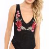 Clothing Rebellious Fashion | Black Mesh Floral Embroidered Plunge Bodysuit - Elenore