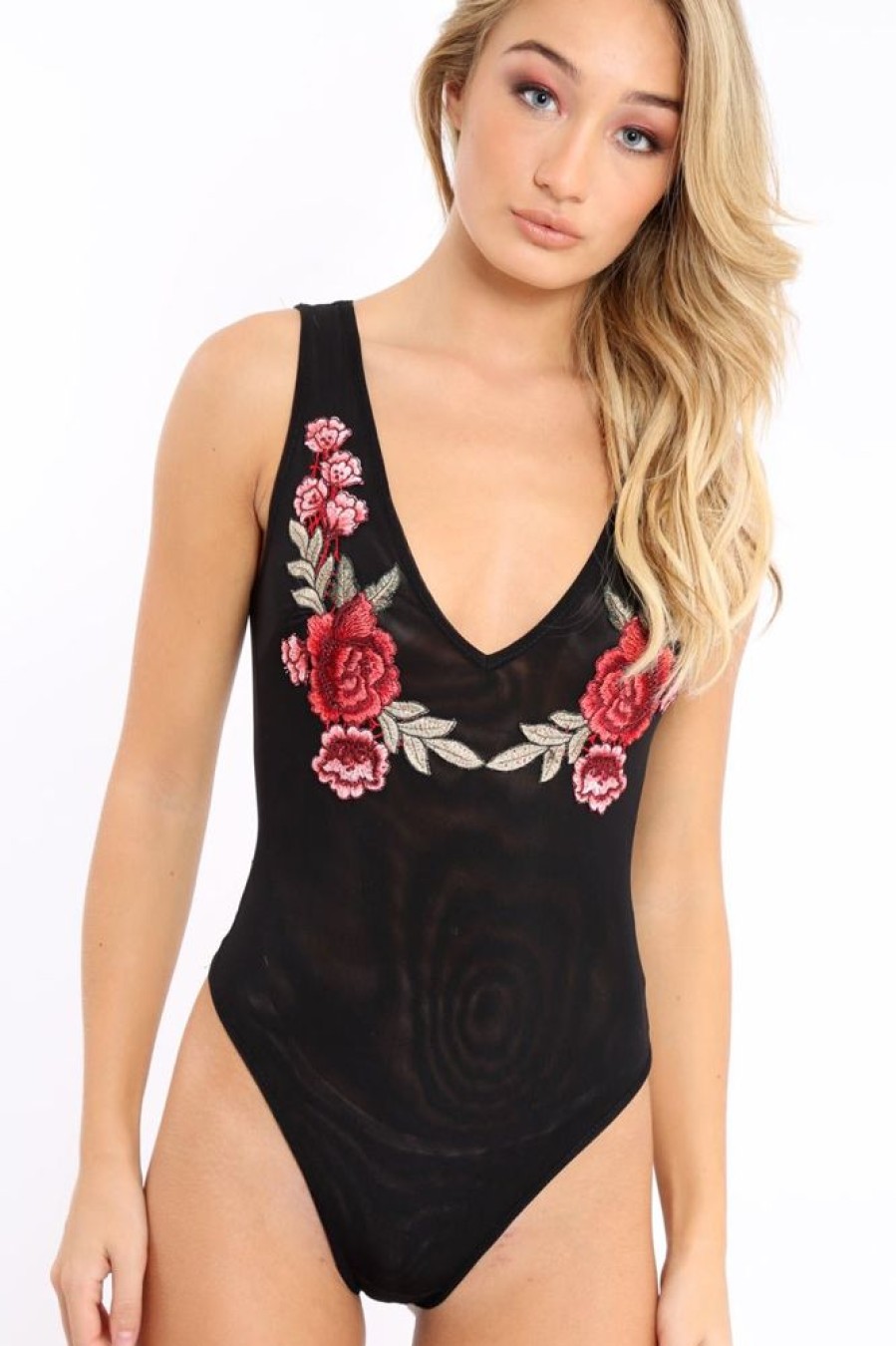 Clothing Rebellious Fashion | Black Mesh Floral Embroidered Plunge Bodysuit - Elenore