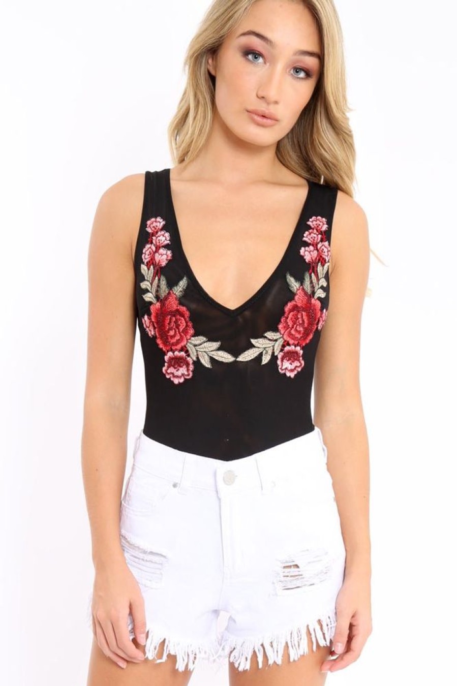 Clothing Rebellious Fashion | Black Mesh Floral Embroidered Plunge Bodysuit - Elenore