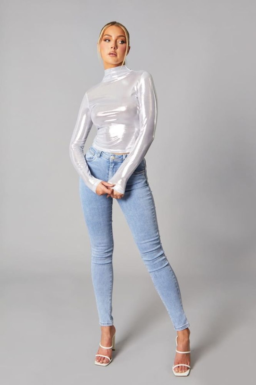 Clothing Rebellious Fashion | Silver Metallic High Neck Long Sleeve Top - Maho