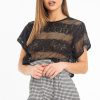 Clothing Rebellious Fashion | Black Round Neck Crochet Crop Top - Lucindy