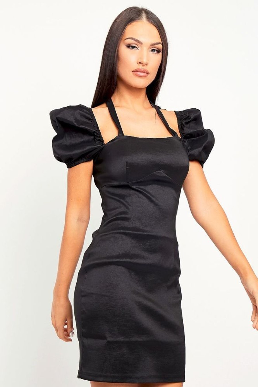 Clothing Rebellious Fashion | Black High Shine Puff Sleeve Halter Mini Dress - Blanca