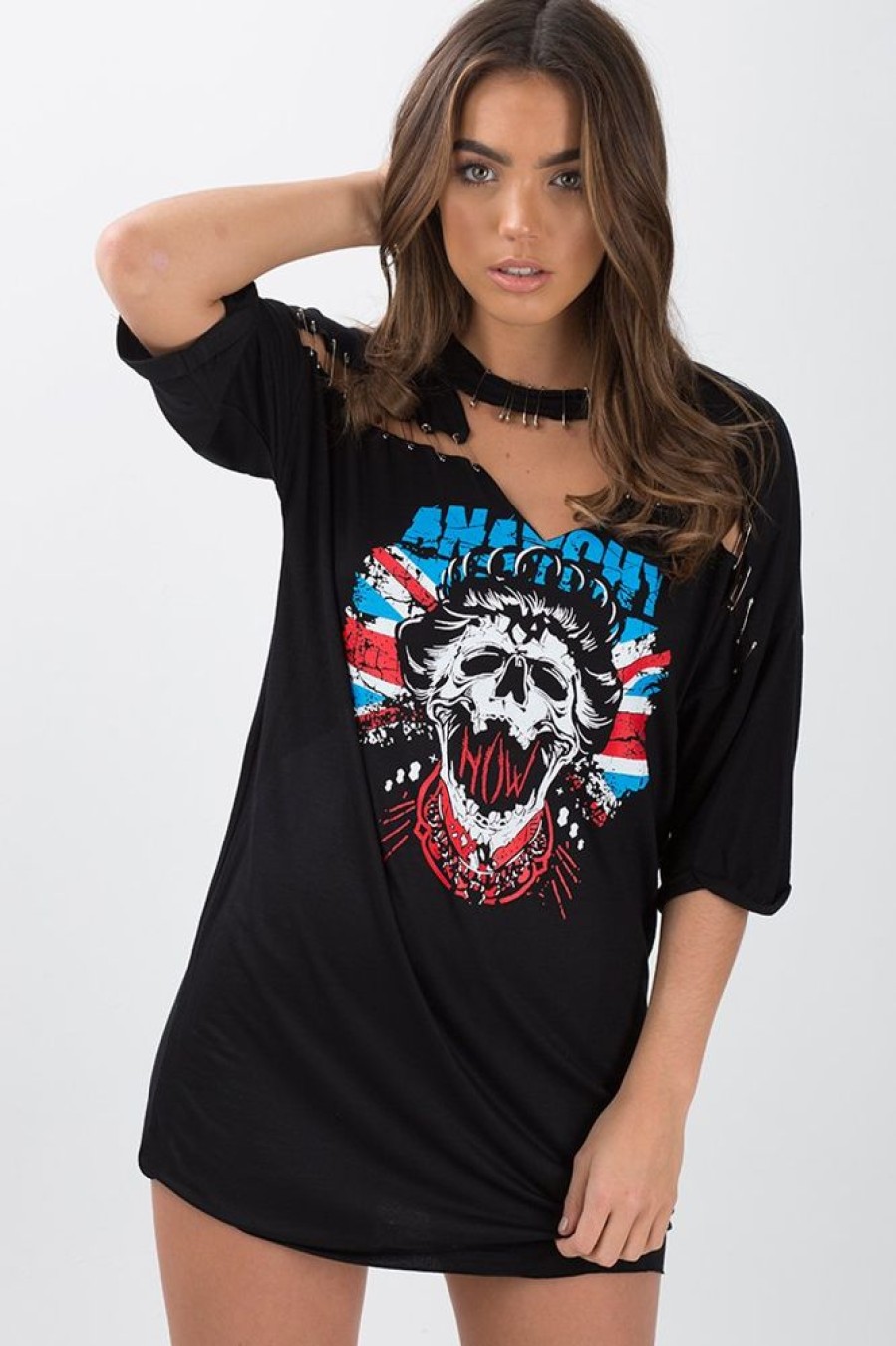 Clothing Rebellious Fashion | Black Anarchy Cut Out Pin Detail T-Shirt Dress - Lollie